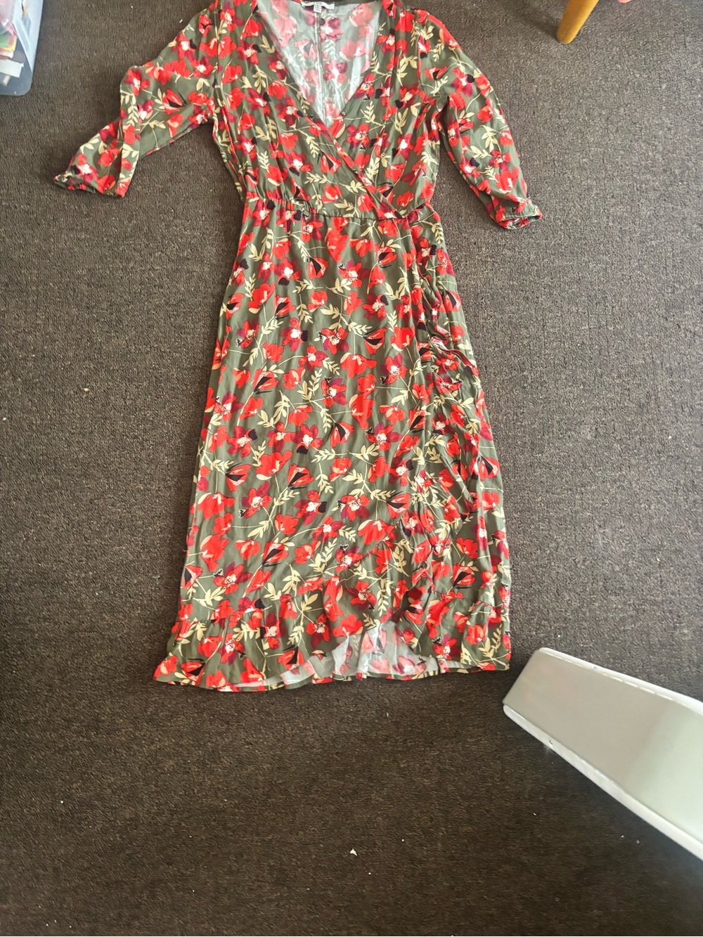Wrap Midi Dress in Olive Green with Red Floral Print
